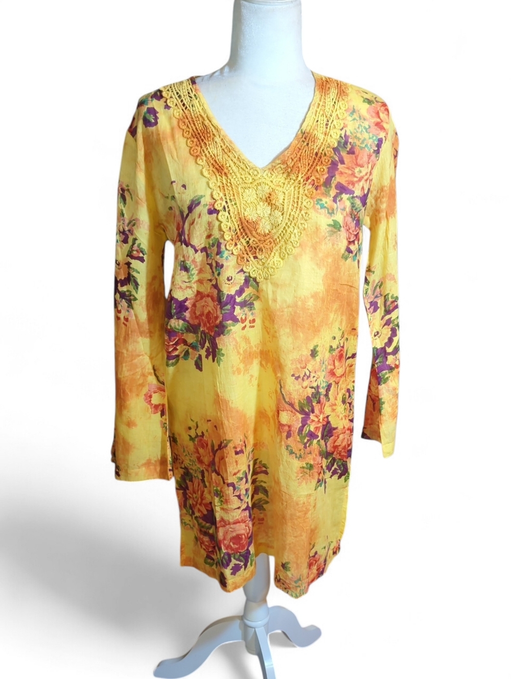 New Butter Yellow Floral V-Neck Tunic/Mini/Coverup Coastal Crochet Trim NWT Sz M - Picture 8 of 10